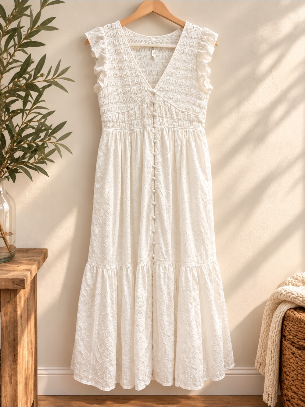 Anthropologie Cream Eyelet Midi Dress with Ruffle Sleeves
